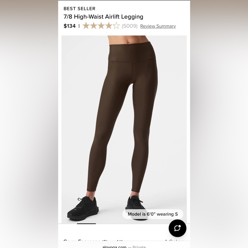 Alo 7/8 Airlift Leggings, Espresso, size Small